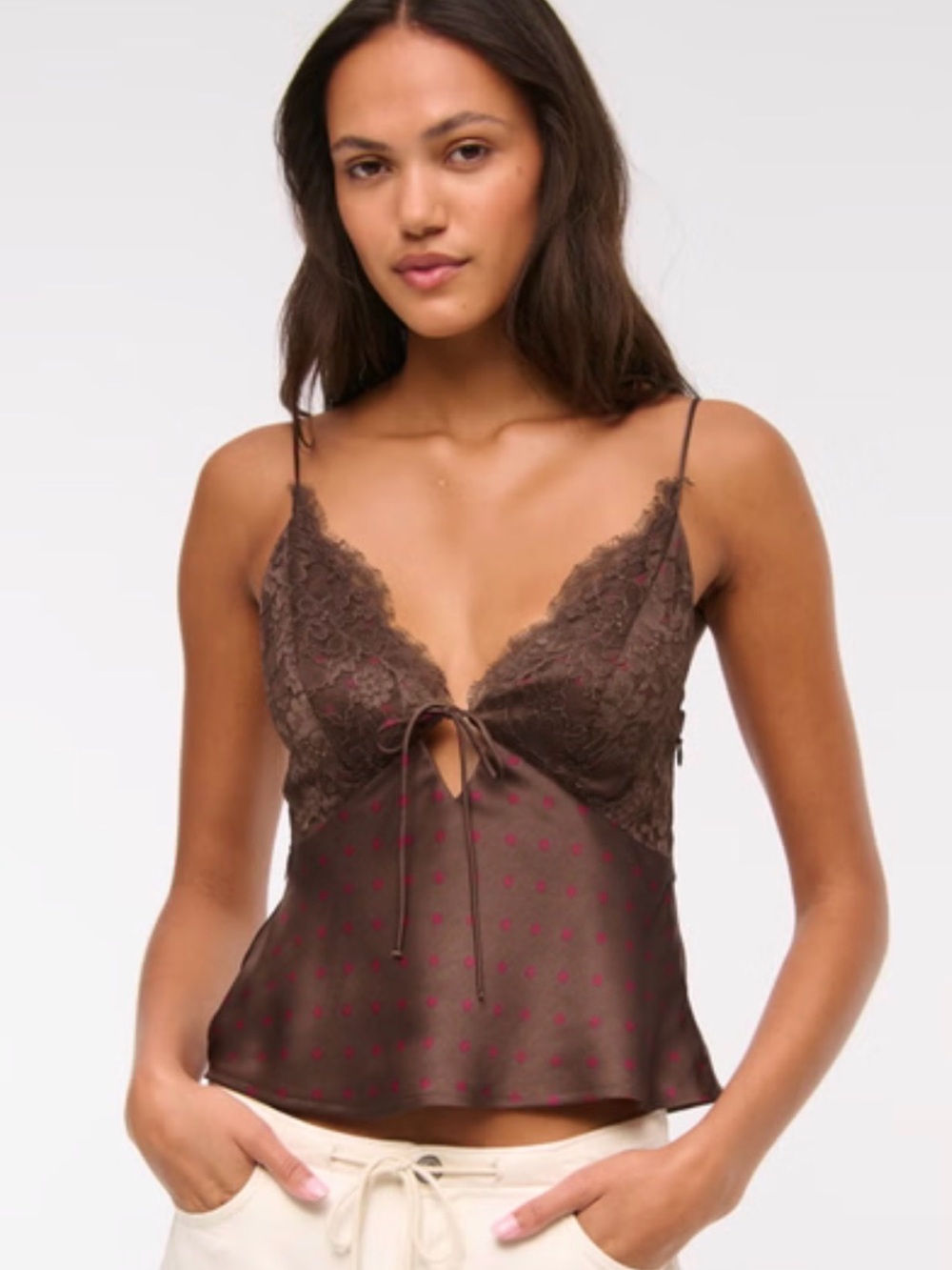 Abercrombie & Fitch Brown Satin Lace Cami with Pink Dot Print